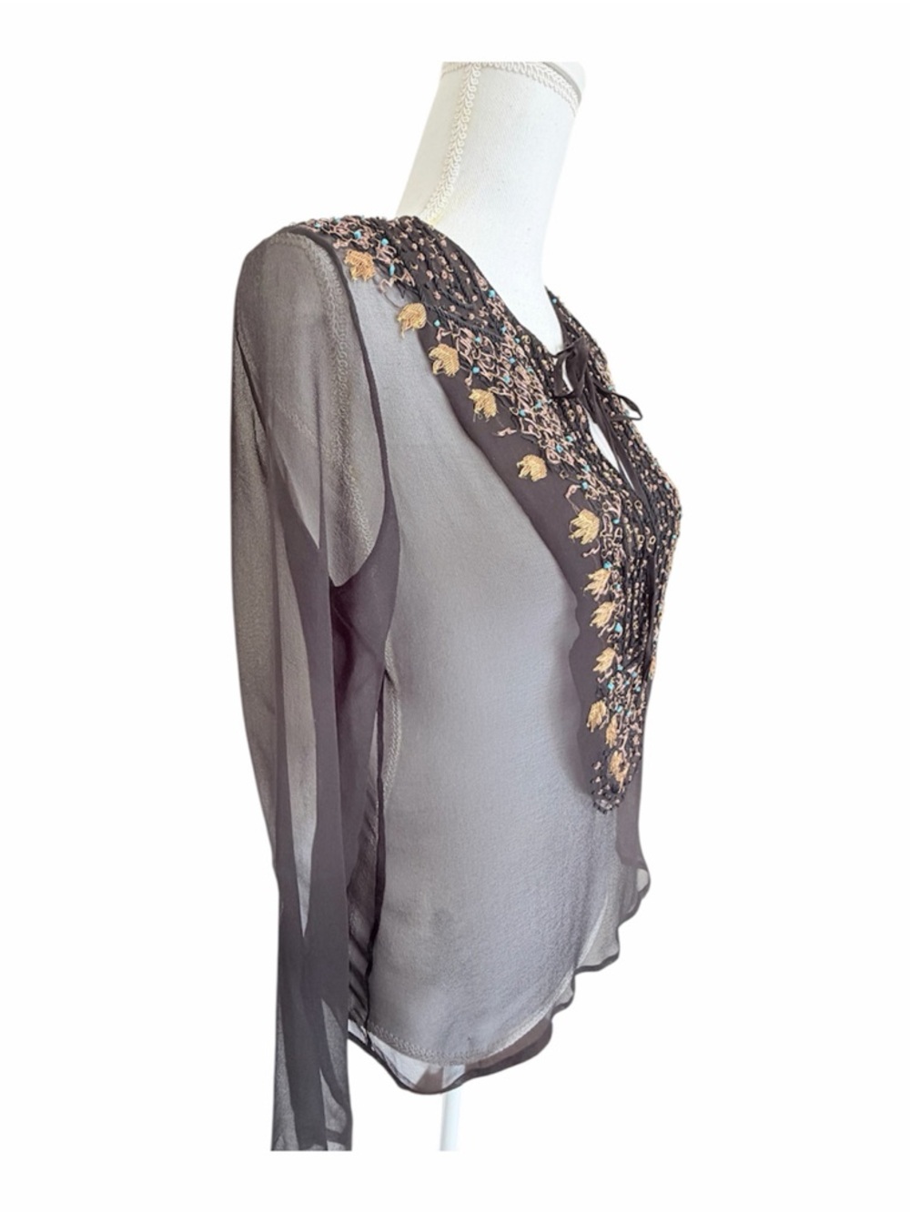 Lapetina & Lomeli 100% Silk Beaded Boho Tunic Top - Medium - Picture 15 of 15